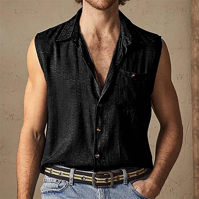 Men's Shirt Summer Shirt Casual Shirt Beach Shirt Button Up Shirt Black White Brown Green Light Blue Sleeveless Plain Lapel Vacation Hawaiian Pocket Clothing Apparel Polyester Fashion Casual2