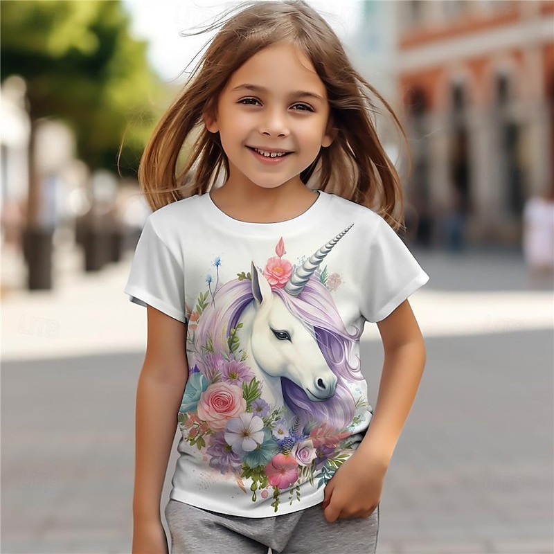 Girls' 3D Unicorn Tee Shirts Pink Short Sleeve 3D Print Summer Active Fashion Cute Polyester Kids 3-12 Years Crew Neck Outdoor Casual Daily Regular Fit