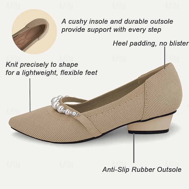 Women's Heels Plus Size Flyknit Shoes Soft Shoes Wedding Office Work Rhinestone Imitation Pearl Chunky Heel Pointed Toe Fashion Classic Comfort Walking Knit Loafer Black Red Blue3