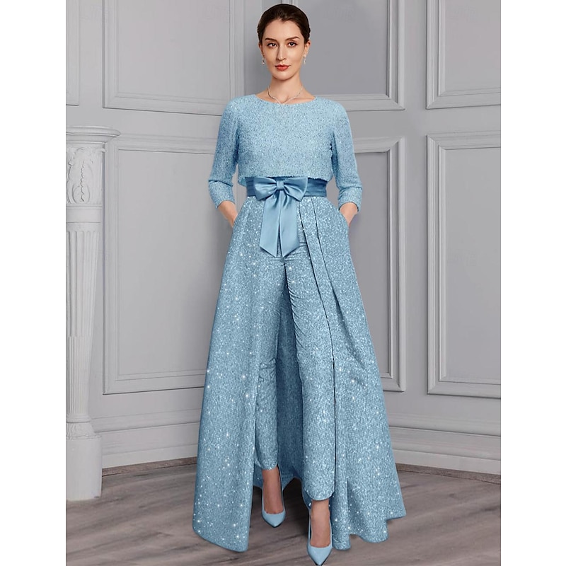 Two Piece Jumpsuit Mother of the Bride  Formal Wedding Guest Elegant Sparkle & Shine Scoop Neck Ankle Length Satin 3/4 Length Sleeve with Bow(s)