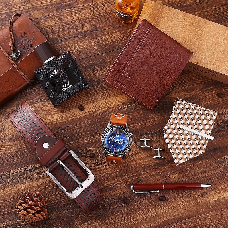 6 Pcs/Set Men's Gift Set with Box Leather Belt Wallet Tie Cufflinks Watch Pen Gifts for Men3
