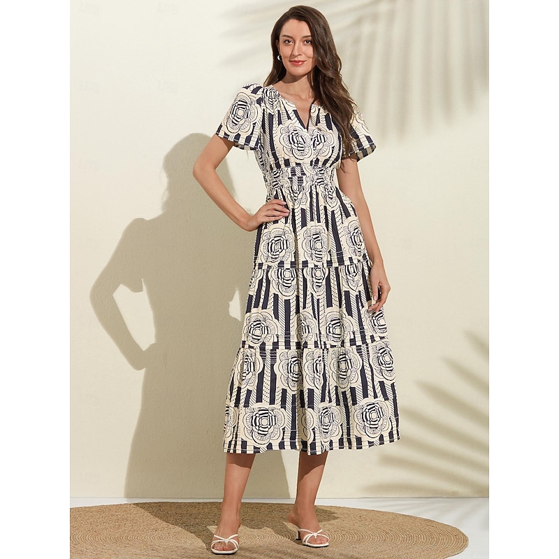 Cotton Striped V Neck Floral Puff Sleeve Dress4