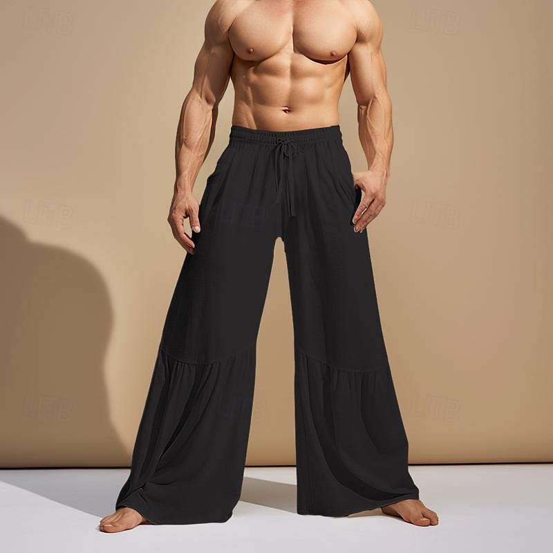 Men's Culottes Wide Leg Linen Pants Trousers Summer Pants Drawstring Patchwork Elastic Waist Plain Comfort Breathable Casual Daily Holiday Fashion Classic Style Black White