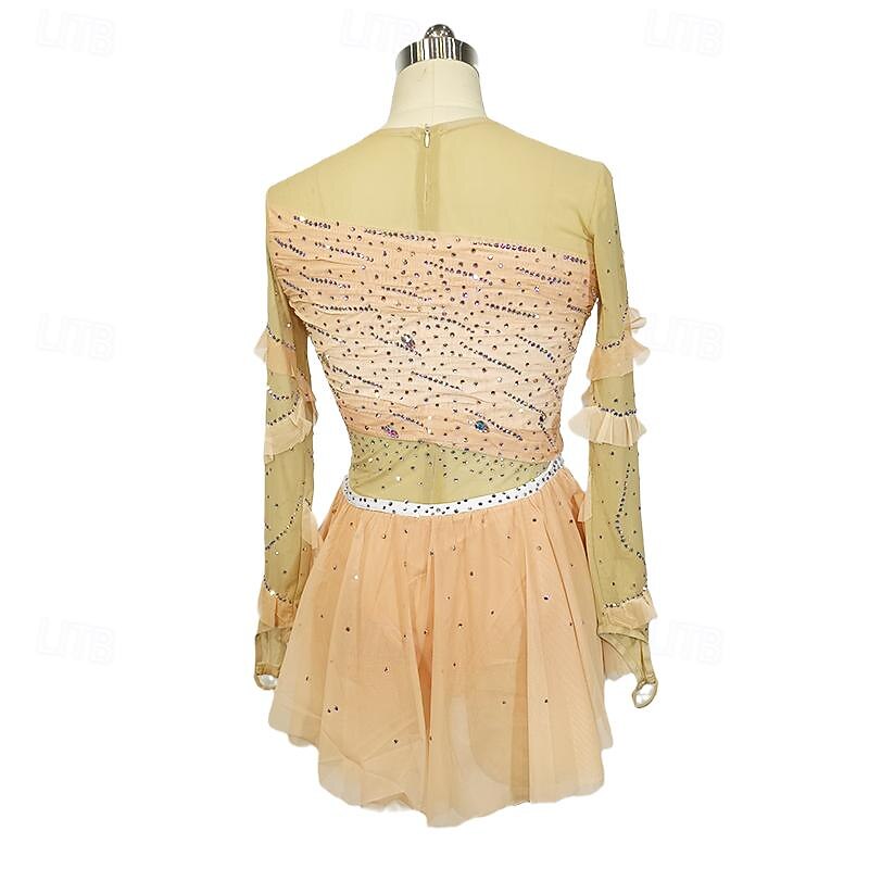 Figure Skating Dress Women's Girls' Ice Skating Dress Champagne Patchwork Thumbhole Mesh Spandex Stretchy Training Practice Professional Skating Wear Crystal / Rhinestone Long Sleeve Ice Skating2