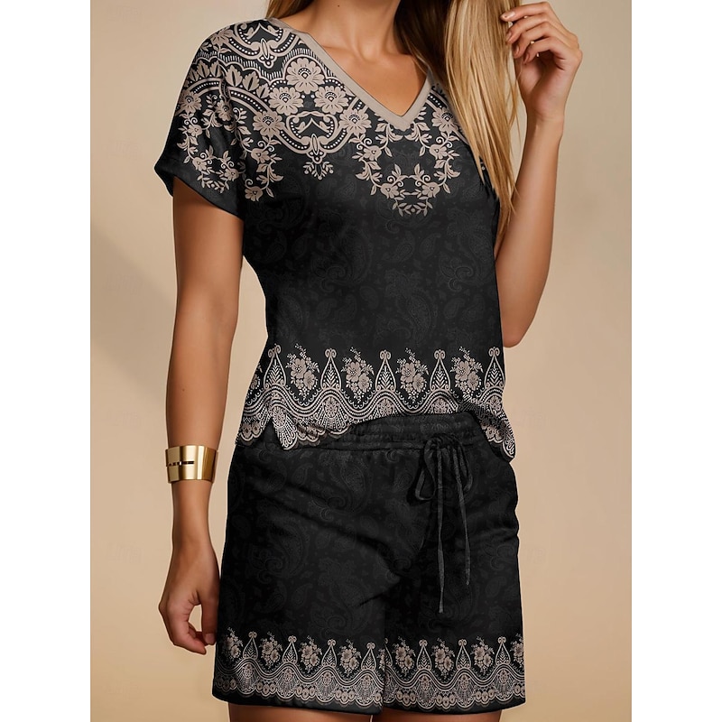 Women's Fashion T Shirt Shorts Sets Baggy Shorts Short Sleeve V Neck Floral Drawstring Print Casual Daily Blue Purple Khaki Summer Regular Fit