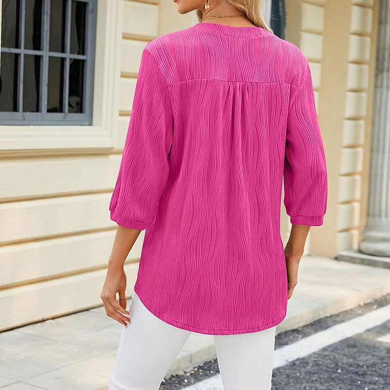 Long Cotton Top White Cotton Blouse Women's Black White Pink Waves Button Street Daily Fashion V Neck S2