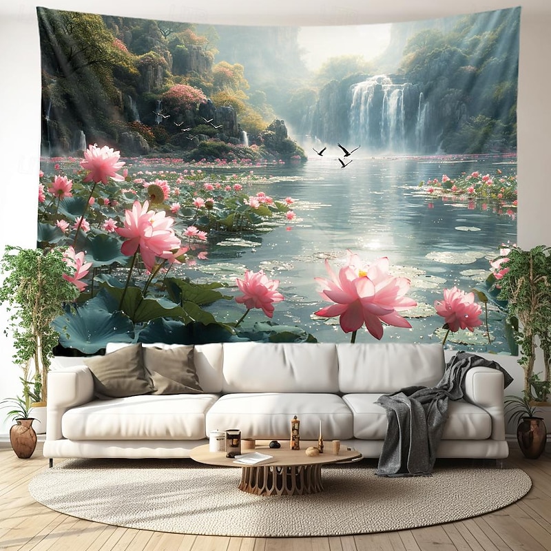 Lotus Pound Landscape Hanging Tapestry Wall Art Large Tapestry Mural Decor Photograph Backdrop Blanket Curtain Home Bedroom Living Room Decoration