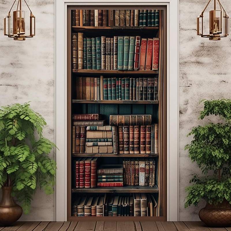 Vintage Bookshelf Door Covers Mural Decor Door Tapestry Door Curtain Decoration Backdrop Door Banner Removable for Front Door Indoor Outdoor Home Room Decoration Farmhouse Decor Supplies