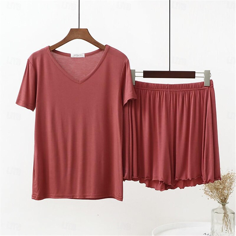 Women's Pajamas Sets Pure Color Fashion Comfort Home Daily Bed Modal Breathable V Wire Short Sleeve T shirt Tee Shorts Elastic Waist Summer Spring Home Outfits2