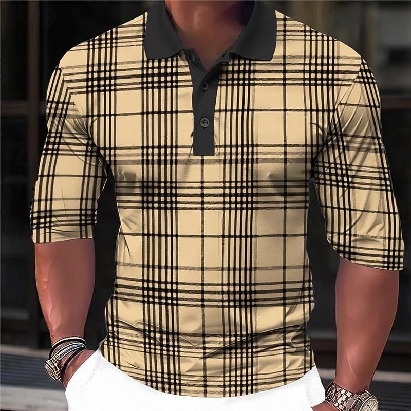 Men's Plaid Zip Polo Shirts Golf Shirt Long Sleeve Polo Shirts Collared Shirts Casual Vacation Wear Formal Wear Festival Wear 3D Print Quarter Zip Polo Spring & Summer White Green Khaki3