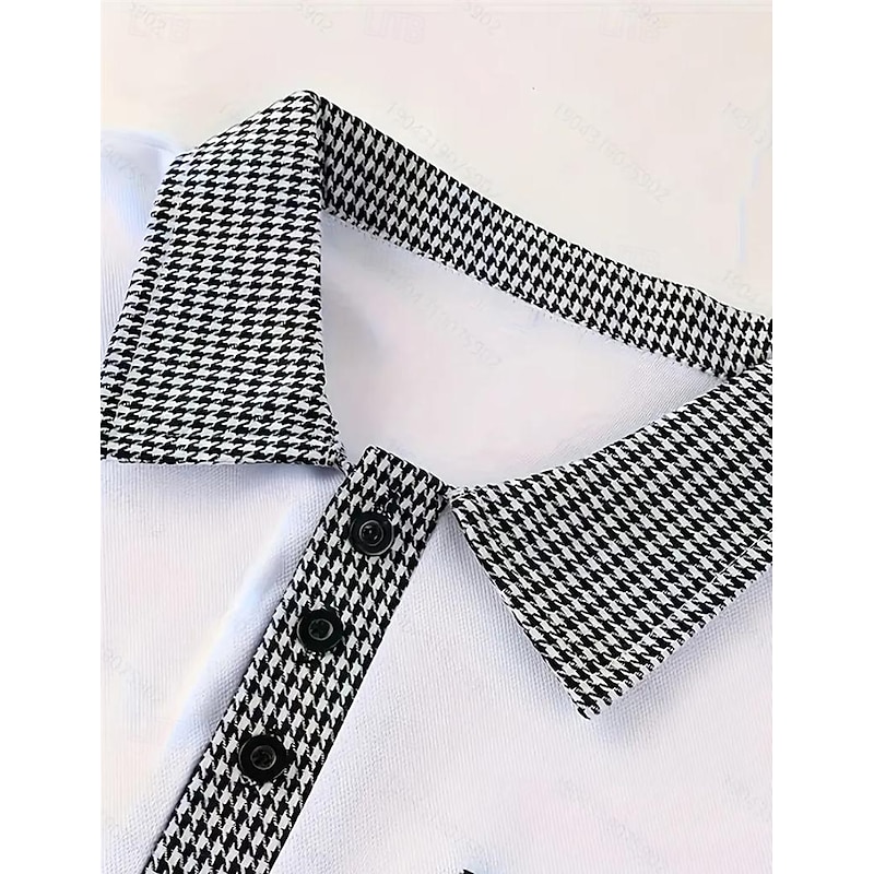 Men's Polo Shirt Golf Shirt Casual Sports Lapel Long Sleeve Fashion Basic Color Block Houndstooth Patchwork Button Spring &  Fall Regular Fit White Red Navy Blue Khaki Light Blue Polo Shirt3