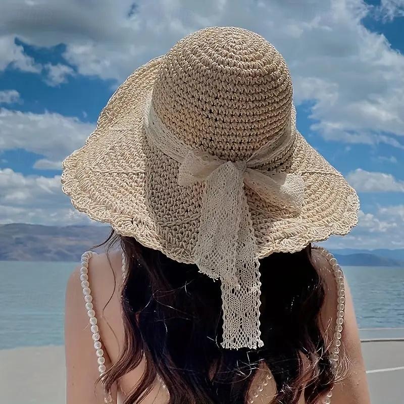 1 pcs Summer Handmade Crochet Lace Straw Hat For Women With Wide Brim Foldable Beach Hat