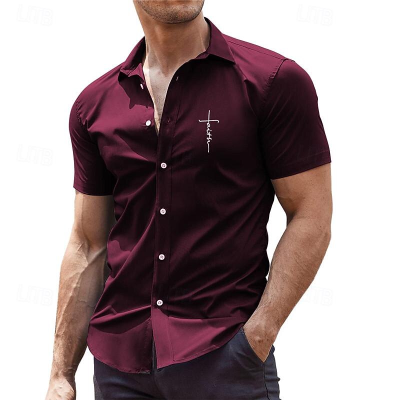 Men's Dress Shirt Printed Shirts Faith Outdoor Street Black Burgundy Dark Navy Green Short Sleeve Turndown Summer Clothing Apparel Print4