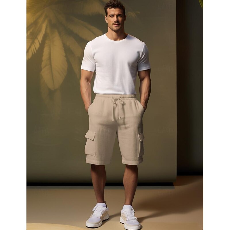 40% Linen Men's Shorts Linen Shorts Summer Shorts Drawstring Elastic Waist Multi Pocket Plain Breathable Comfortable Short Daily Vacation Going out Classic Casual Black White4