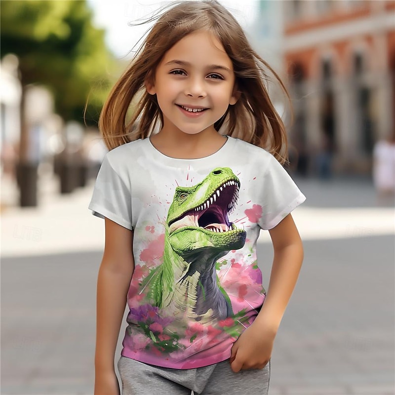 Girls' 3D Floral Dinosaur Tee Shirts Pink Short Sleeve 3D Print Summer Active Fashion Cute Polyester Kids 3-12 Years Crew Neck Outdoor Casual Daily Regular Fit2