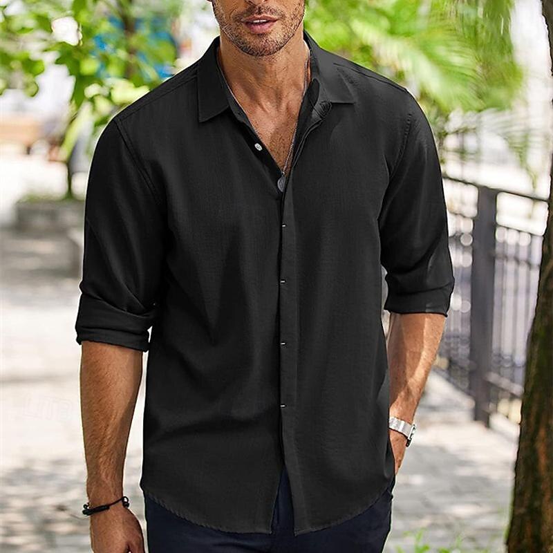 Men's Shirt Summer Shirt Casual Shirt Beach Shirt Button Up Shirt Black White Sky Blue khaki Long Sleeve Plain Lapel Vacation Hawaiian Button-Down Clothing Apparel Polyester Fashion Casual Comfortable3