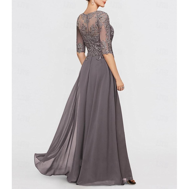 Jumpsuit Mother of the Bride Wedding Guest Church Elegant Petite Bateau Neck Floor Length Chiffon Half Sleeve with Appliques2