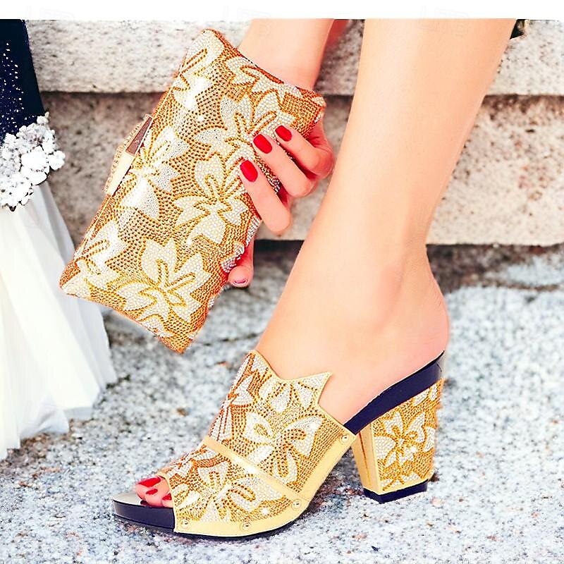 Women's Heels Wedding Shoes Party Bridal Shoes Shoes And Bags Matching Sets Rhinestone Crystal Platform Chunky Heel Peep Toe Elegant Microbial Leather Roes Red Black Purple