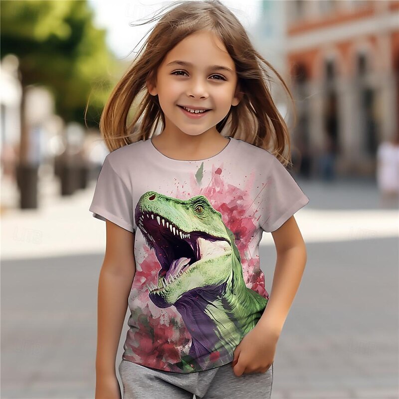 Girls' 3D Floral Dinosaur Tee Shirts Pink Short Sleeve 3D Print Summer Active Fashion Cute Polyester Kids 3-12 Years Crew Neck Outdoor Casual Daily Regular Fit4