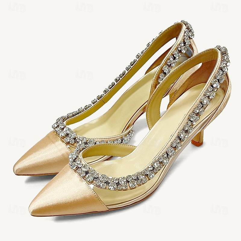 Women Pointed Toe Heels with Crystal Embellishment - Elegant Wedding and Evening Shoes