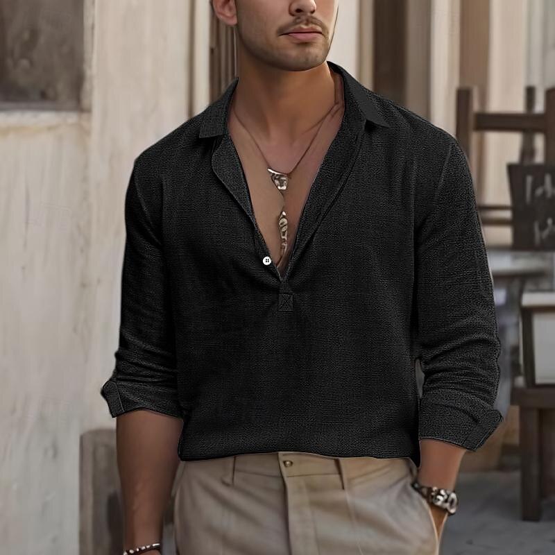 Men's Shirt Linen Shirt Summer Shirt Beach Wear Casual Shirt Button Up Shirt Plain Casual Daily Black White Blue Green Long Sleeve Lapel Spring & Summer Clothing Apparel4