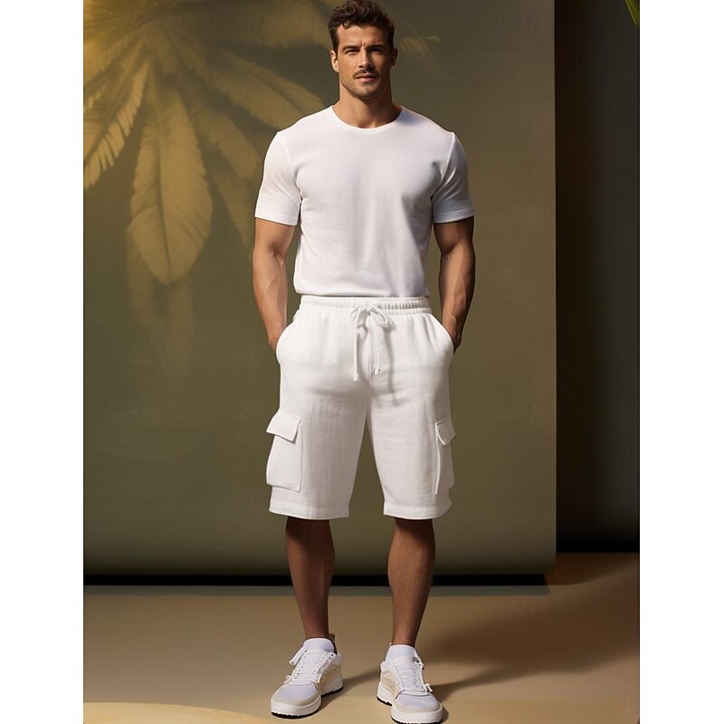 40% Linen Men's Shorts Linen Shorts Summer Shorts Drawstring Elastic Waist Multi Pocket Plain Breathable Comfortable Short Daily Vacation Going out Classic Casual Black White