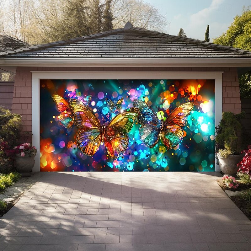 Stained Glass Butteflies Outdoor Garage Door Cover Banner Beautiful Large Backdrop Decoration for Outdoor Garage Door Home Wall Decorations Event Party Parade