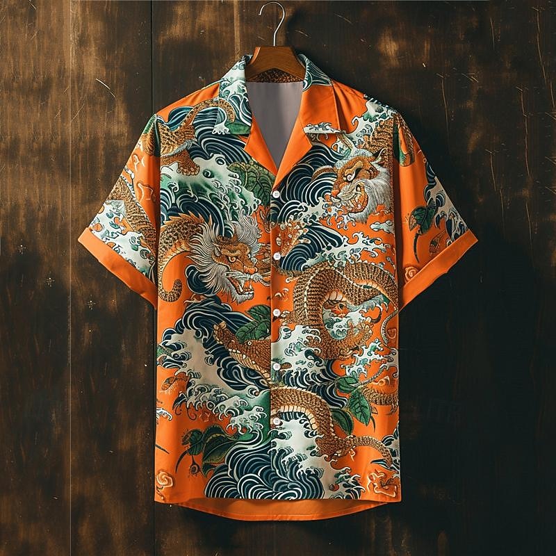 Men's Dragon Button Up Shirt Printed Shirts Short Sleeve Subcultural Vacation Party Street Summer Cuban Collar Print Button-Down Pink Blue Purple Orange