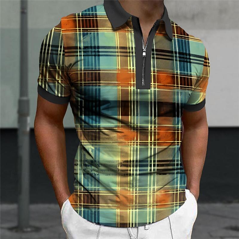 Men's Plaid Zip Polo Shirts Golf Shirt Short Sleeve Polo Shirts Collared Shirts Casual Vacation Wear Formal Wear Festival Wear 3D Print Quarter Zip Polo Summer Yellow Red Blue3