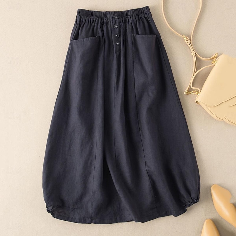 Women's Skirt A Line Basic Casual Midi High Waist Skirts Solid Colored Pocket Casual Daily Weekend Black Army Green Navy Blue Khaki Summer Cotton And Linen