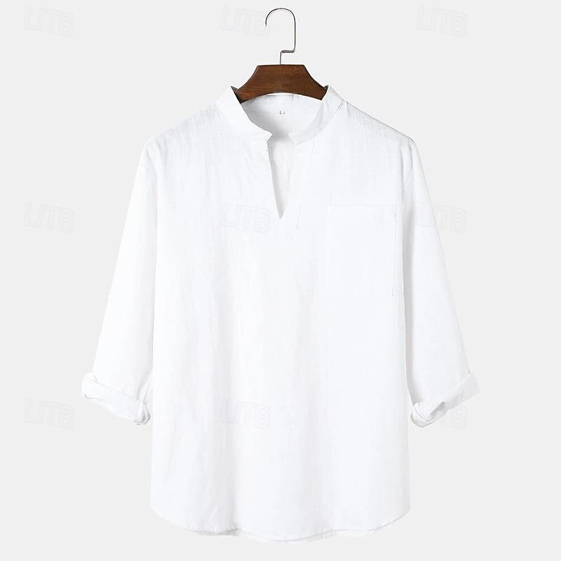 Men's Shirt Linen Shirt Casual Shirt Cotton Shirt Plain Vacation Hawaiian Black White Brown Long Sleeve V Neck Spring & Summer Clothing Apparel Front Pocket3