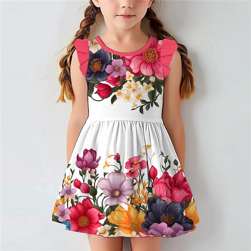 Easter Girls' 3D Floral Ruffle Dress Pink Sleeveless 3D Print Summer Daily Holiday Casual Beautiful Kids 3-12 Years Casual Dress Tank Dress Above Knee Regular Fit