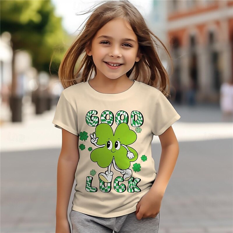 St. Patrick Girls' 3D Four Leaf Clover Tee Shirts Short Sleeve 3D Print Summer Active Fashion Cute Polyester Kids 3-12 Years Crew Neck Outdoor Casual Daily Regular Fit3