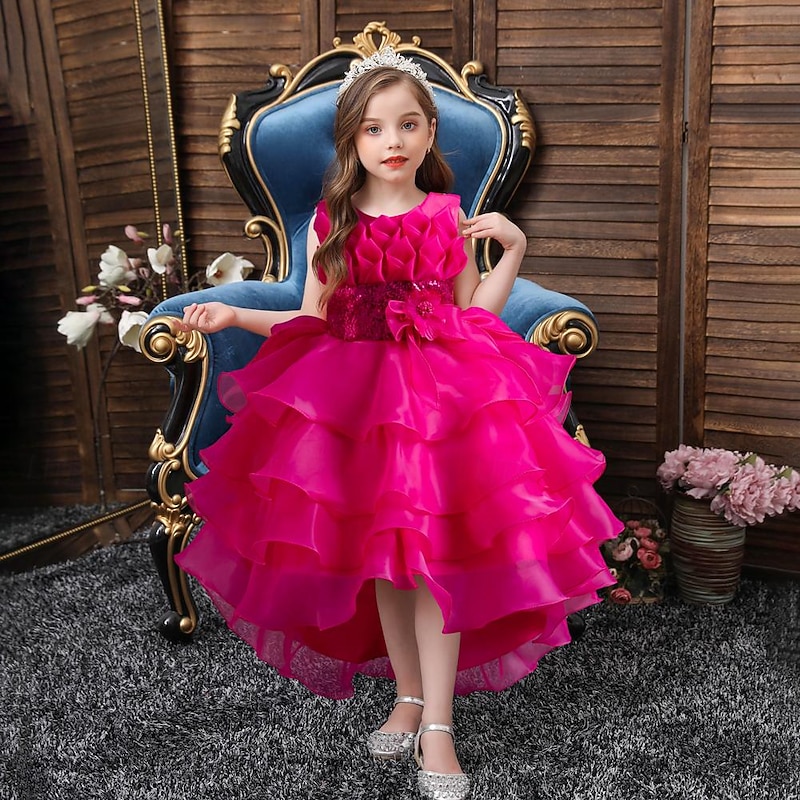 Kids Girls' Dress Party Dress Solid Color Sequin Flower Sleeveless Wedding Birthday Christening dress Princess Beautiful Mesh Flower Girl's Dress Summer Spring Fall 3-12 Years White Pink Red