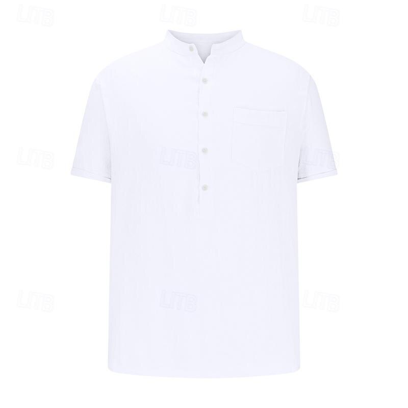 Men's Shirt Cotton Linen Shirt White Cotton Shirt Chinese Collar Shirt Mandarin Collar Shirt Casual Shirt Plain Vacation Casual Black White Pink Navy Blue Short Sleeve Band Collar Summer Clothing3