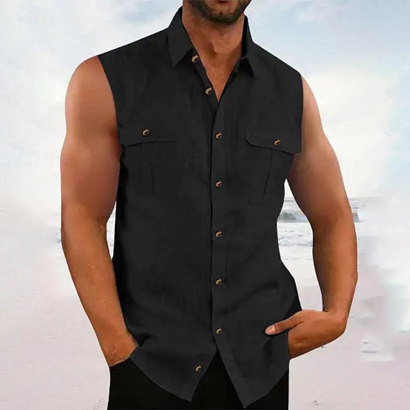 Men's Shirt Summer Shirt Casual Shirt Beach Shirt Button Up Shirt Black Blue Purple Green Sleeveless Plain Lapel Vacation Hawaiian Pocket Clothing Apparel Cotton Polyester Fashion Casual Comfortable