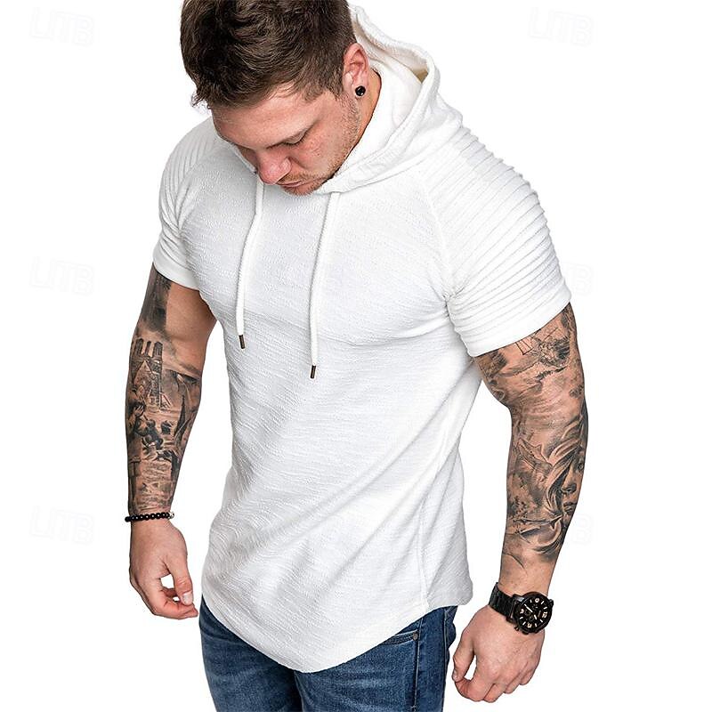 Men's T Shirt Tee Short Sleeve Shirt Tee Top Short Sleeve Hooded Spring & Summer Plain Slim Pleated Fashion Designer Basic Vacation Street Going out Black White Khaki Top Tee for Men3
