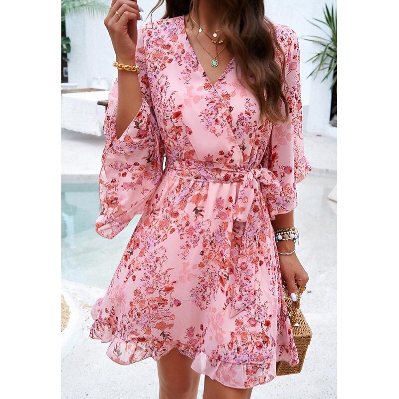 Women's Casual Dress Sheath Dress Sundress Rose 3D Print Tie Front Print V Neck Butterfly Sleeve Mini Dress Bohemia Cute Date Vacation Half Sleeve Summer Spring3