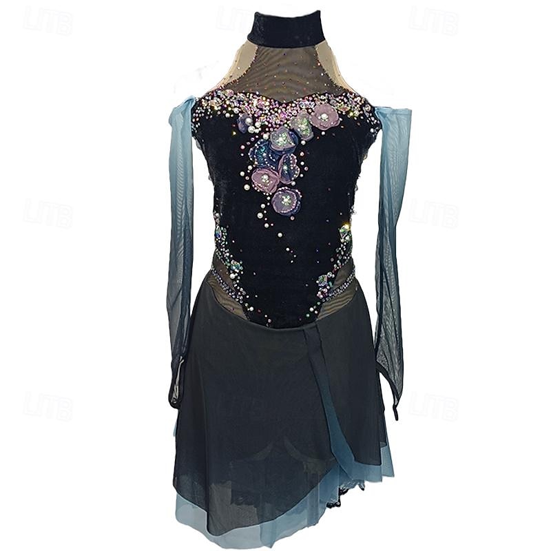 Figure Skating Dress Women's Girls' Ice Skating Dress Blue Black Patchwork Thumbhole Mesh Spandex Lace Stretchy Training Practice Professional Skating Wear Crystal / Rhinestone Long Sleeve Figure