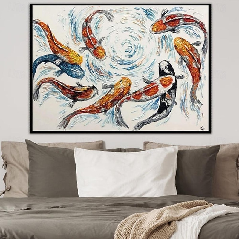 Handmade Hand Painted Oil Painting Wall Modern Abstract Large Koi Fish Abstract Painting Original Koi Fish Art Feng Shui Painting FISH POND No Frame Unstretched