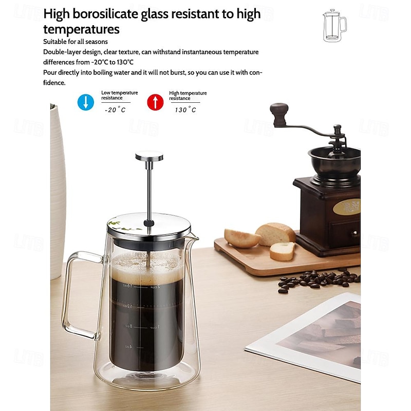 French Press Coffee & Black Tea Maker with Double-Wall Insulated Borosilicate Glass, Superior Filtration System, 304 Stainless Steel Plunger, Easy to Clean3