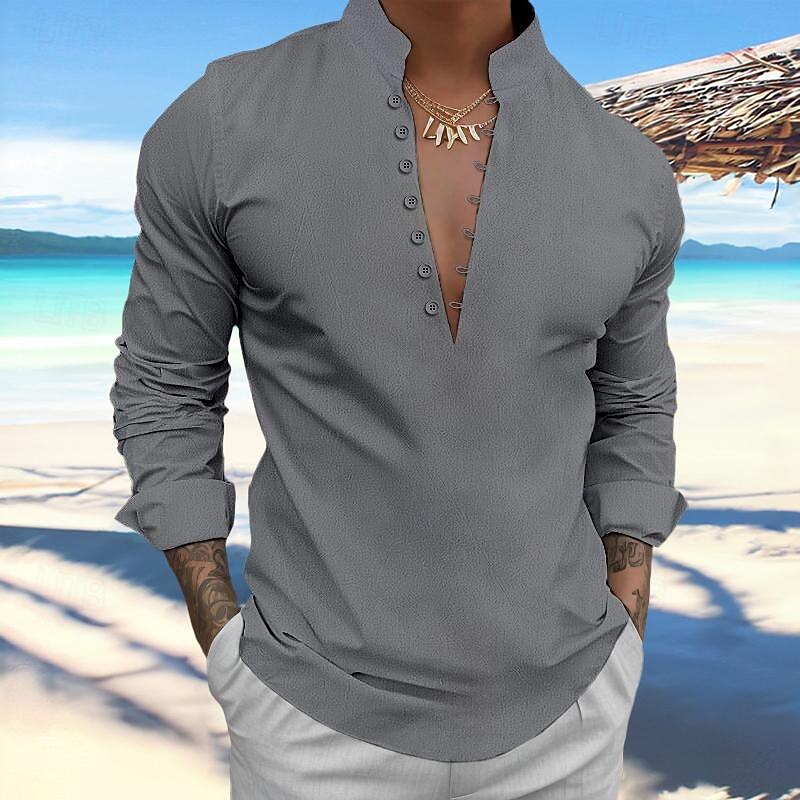 Men's Shirt Linen Shirt Popover Shirt Summer Shirt Beach Wear Plain Vacation Curise Black White Blue Sky Blue Long Sleeve Stand Collar Spring & Summer Clothing Apparel3