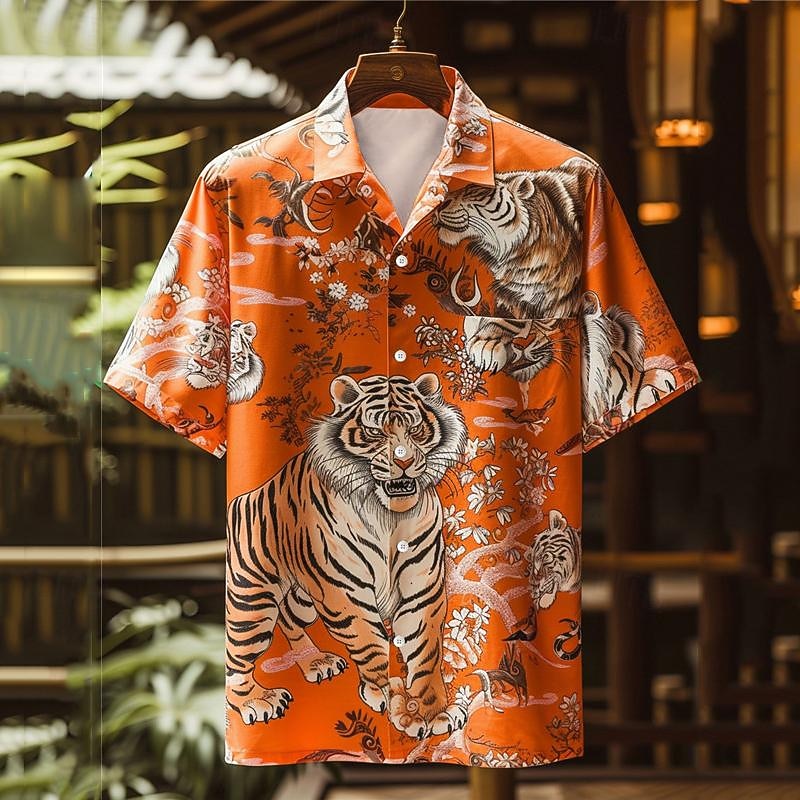 Men's Tiger Button Up Shirt Printed Shirts Short Sleeve Subcultural Party Street Holiday Summer Turndown Pocket Print Button-Down Blue Orange Green2