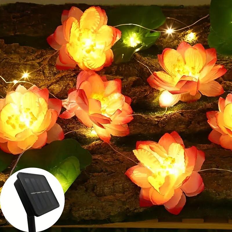 Solar Artifical Lotus Flower String Lights 2m 20leds 5m 50leds Outdoor Waterproof LED Night Lights For Pool Lotus Lamp Garden Pond Fountain Christmas Party Decor(5/12 Lotus)