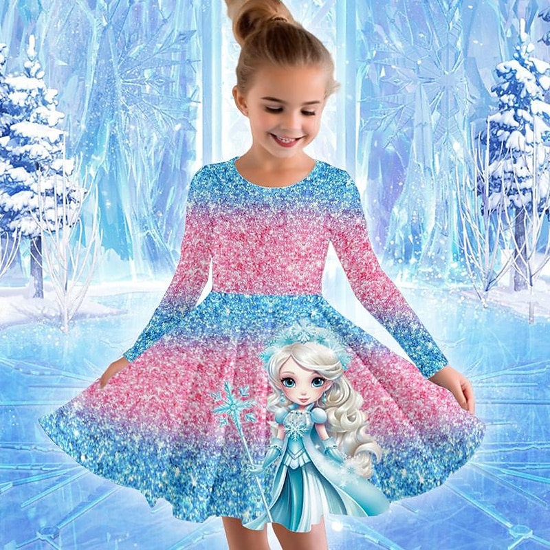 Girls' 3D Cartoon Princess Dress Long Sleeve 3D Print Spring Fall Vacation Sports & Outdoor Daily Cute Casual Beautiful Kids 3-12 Years Casual Dress A Line Dress Above Knee Regular Fit2
