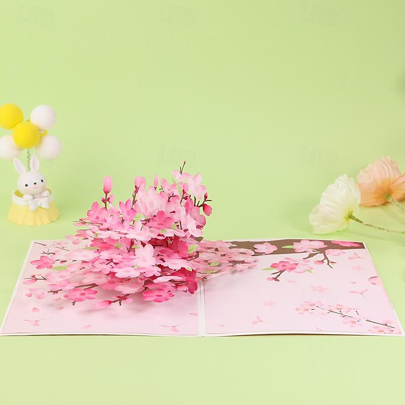 Pop Up Cherry Blossoms Birthday Card 3D Flower Bouquet Popup Card with Note Card and Envelope Mother's Day Pop Up Card2