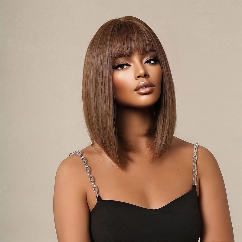 Highlight Bob Wig With Bangs Short Straight Human Hair Full Machine Made Hair Bob Wigs Ombre None Lace Front Wig For Black Women 12INCH3