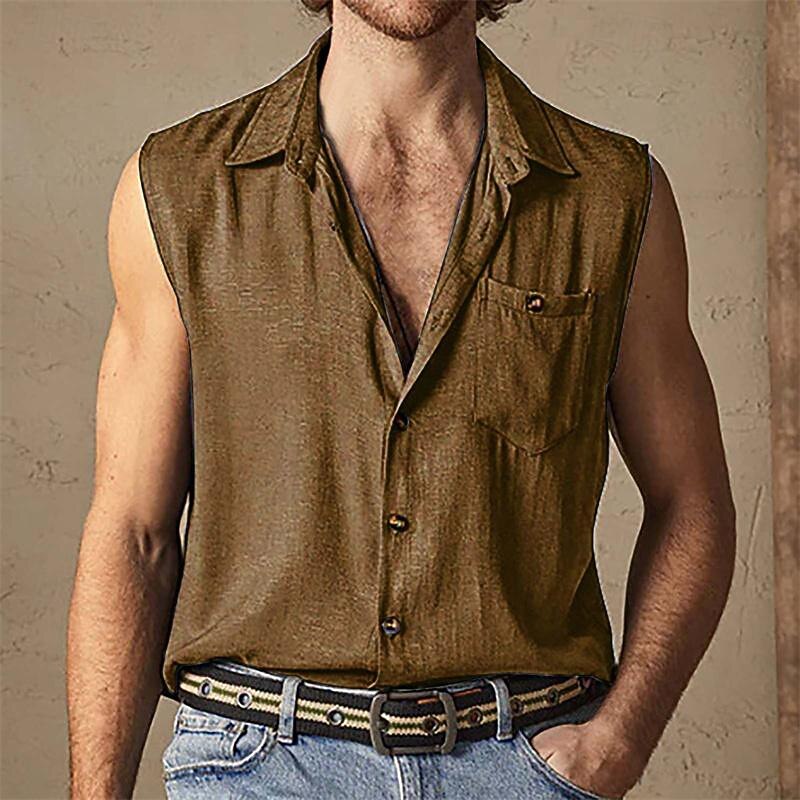 Men's Shirt Summer Shirt Casual Shirt Beach Shirt Button Up Shirt Black White Brown Green Light Blue Sleeveless Plain Lapel Vacation Hawaiian Pocket Clothing Apparel Polyester Fashion Casual