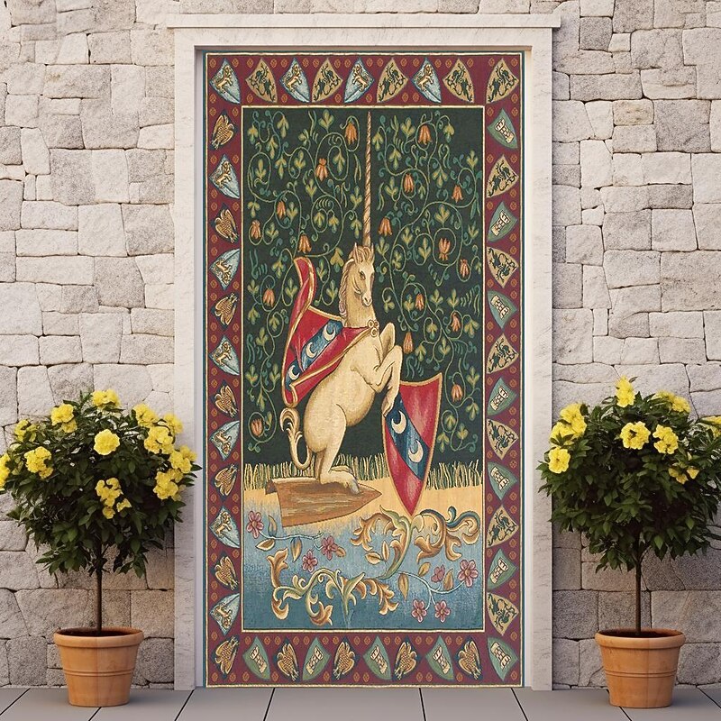 Medieval Unicorn Door Covers Mural Decor Door Tapestry Door Curtain Decoration Backdrop Door Banner Removable for Front Door Indoor Outdoor Home Room Decoration Farmhouse Decor Supplies3
