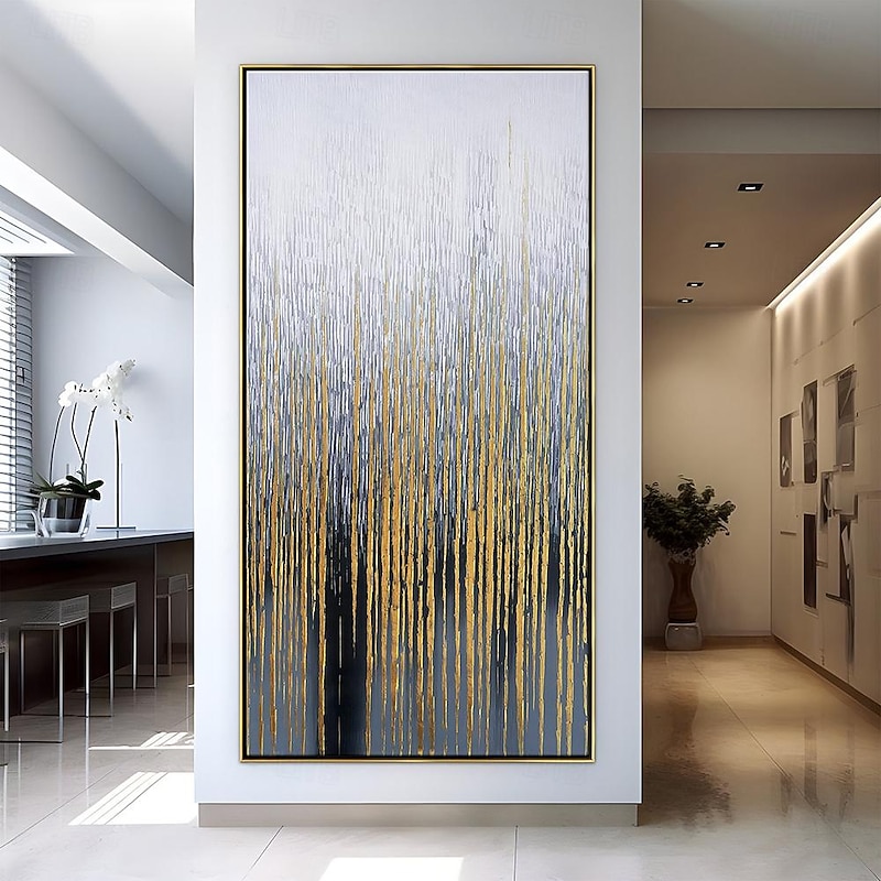 Hand painted Wall Art Canvas Oil Painting - Vertical painting Wall Art Abstract Painting Housewarming Gift - Golden Strokes Artwork Original Painting for living room decoration